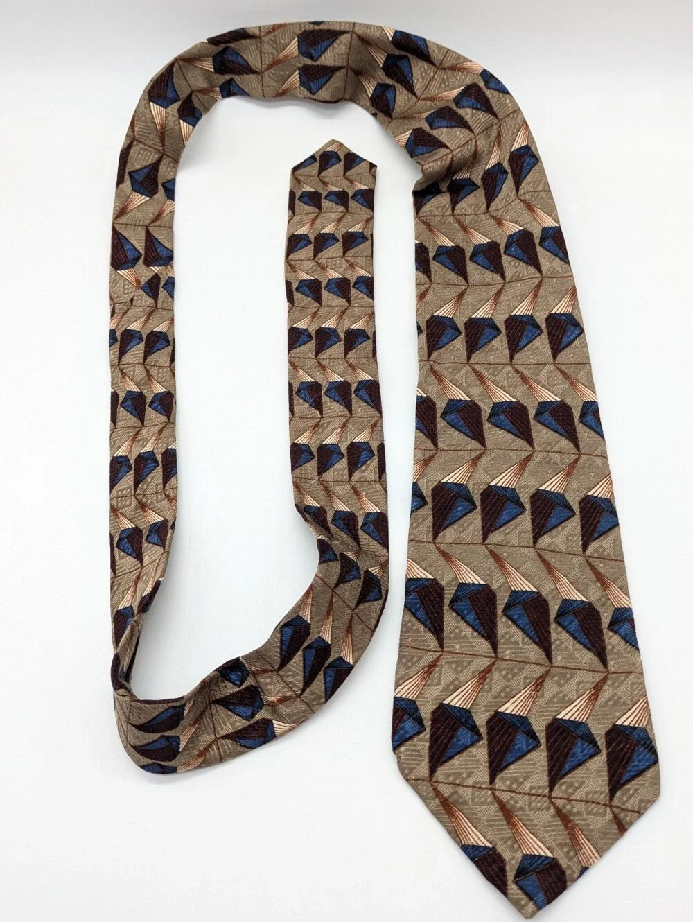 Vintage JZ Richards Nordstrom Brown Blue Maroon Geometric Prism Silk Tie